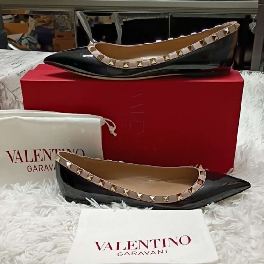 Valentino Garavani Black Patent Flats with Gold Studs